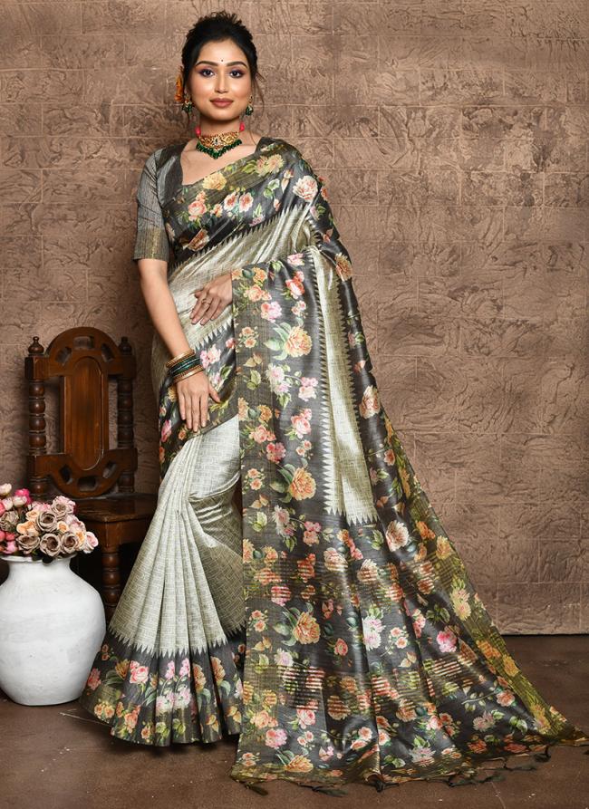 Tussar Silk Grey Traditional Wear Digital Printed Saree